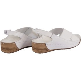 Resim Hakiki Deri Çapraz Bantlı Arkadan Ayarlı Rahat Taban Dolgu Topuk Kadın Sandalet Napa-311 Beyaz 
