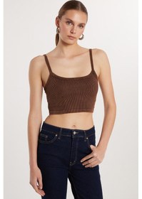 Resim Tudors Kadın Slim Fit Kare Yaka Düz Basic Kahverengi Crop Atlet-33695 