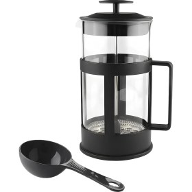 Resim 350 ml Cam French Press + Ölçü Kaşığı – Isıya Dayanıklı Cam, Paslanmaz Çelik Filtreli, Siyah Renkli Kahve ve Bitki Çayı Demliği 