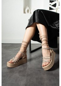 Resim Shoetek Lewke Kadın Sandalet Bilekten Dolamalı Taşlı Bantlı Bej Deri Bej Cilt Bej 