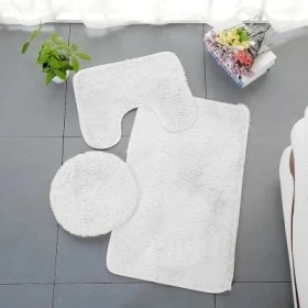Resim DouranShop Beyaz Stil 3 Parça Banyo Halı Seti Düz Renk Kaymaz Banyo Paspasları Su Emme Tuvalet Kapağı Kapak Kat Mat Ev Için (Yurt Dışından) 