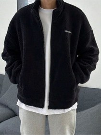 Resim Oversize Tam Fermuarlı Kuzu Sweatshirt İçi Polarlı Sherpa Kumaş Sweatshirt Siyah 