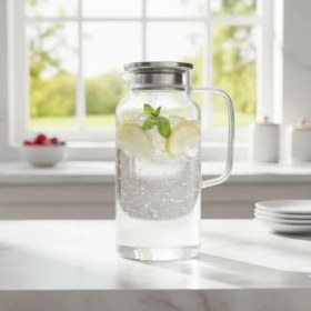 Resim Borosilikat Cam Sürahi - Silikon Contalı Süzgeçli Metal Kapaklı | Konik, Fitilli ve Düz Model Seçenekleri | Dayanıklı Şeffaf Karaf (1800 ml - 2000 Ml) (Düz - 2000ML) 