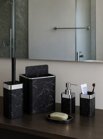 Resim İmera Akrilik Yapım Gümüş Çizgi Siyah Mermer Desen Soft Banyo Takımı 5'li Kare Banyo Seti Siyah 