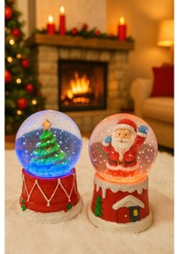 Resim 2 Adet Led Işıklı Mini Kar Küresi 6,5 Cm Noel Baba & Yılbaşı Çam Ağacı Dekoratif Işıklı Biblo 