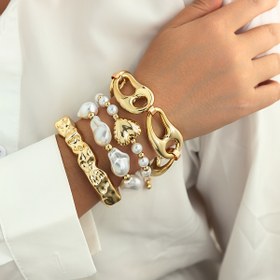 Resim 4 Parça Kadınlar İçin Katmanlı Reçine Küba Zincir Bileklik Seti - Kalın Retro Bohem Altın Tonlu, Kalp ve Barok İmitasyon İnci Detaylı, Günlük ve Parti Kullanımına Uygun Çok Amaçlı Hediye Seti 