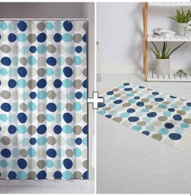 Resim Banyo Paspas Ve Tek Kanat Duş Perdesi 1x180x200 Set Banyo Halısı 5706 Mavi 