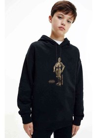 Resim C3Po Baskılı Unisex Çocuk Kapüşonlu Siyah Sweatshirt Siyah 
