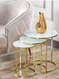 Resim 3' lü Beyaz Temperli Cam Gold Ayak Zigon Sehpa 