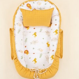 Resim Babynest ve Yastık - Çift Taraflı - Hardal Muslin - Aslan 