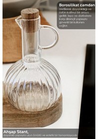 Resim 2'li Ahşap Standlı Borosilikat Cam Yağdanlık Seti - Yağlık Sirkelik Zeytinyağ Sıvıyağ Şişesi 2x350ml 