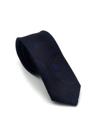 Resim Gaffy Lacivert Kahverengi Şal Desenli Dokuma Kumaş Mendilli Slim Fit Kravat // Sdk-2604-2 Lacivert 