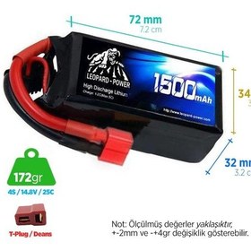 Resim Leopard Power 1500 mAh 14.8V 4S 25C Lityum Polimer Lipo Batarya Pil T Plug 