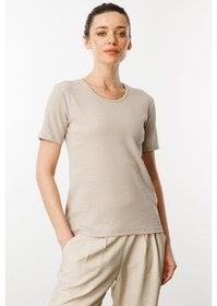 Resim Kadın Sıfır Yaka Kısa Kol Pamuk Kaşkorse T-shirt Bej Bej 