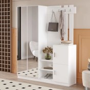 Resim L'occi Concept Wood Aynalı Askılı Kapaklı Vestiyer Portmanto Ayakkabılık Beyaz 