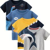 Resim 4 adet Sevimli Çizgi Film Köpekbalığı ve Dinozor Desenli Erkek Rahat T-Shirt, Cool, Çok Yönlü ve Akıllı Kısa Kollu Tişört 