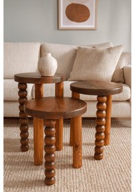 Resim Fındık Renk Ahşap Sehpa Seti 3 Lü Doğal Fiskos Ve Zigon Bej 