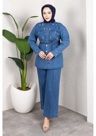 Resim Misskayle Taş Detaylı Kuşaklı Denim Tesettür Takım Açık Mavi Açık 