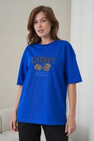 Resim caddekombin Kadın Leopar Desenli Cherry Baskılı Saks Mavisi Yuvarlak Yaka Tişört Siyah Jogger Eşofman Takımı 