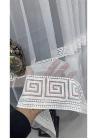 Resim Tül Perde Dokuma Zemin Versace Desen 2 Hiza Enine Bantlı 127564 Ekru 