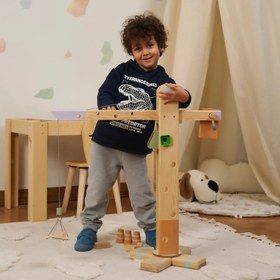 Resim 360° Dönebilen Ahşap Vinç Oyuncak (Pastel) 