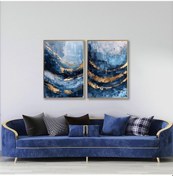 Resim Yağlı Boya Dokulu Tablo Mavi Altın Gold Soyut İkili Set Altın Çerçeveli U08102-179103 