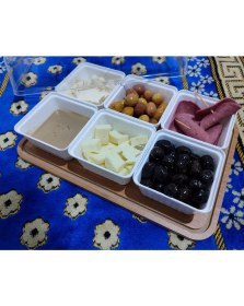 Resim Abnturk Ahşap Tepsili 6 Göz 8 Parça Kahvaltılık Seti Şeffaf Fanus Kapak 