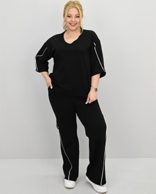 Resim Kadın Büyük Beden Kısa Kollu V Yaka Ara Biye Detaylı Eşofman Takımı 8181-25 - XL / Saks Mavi 