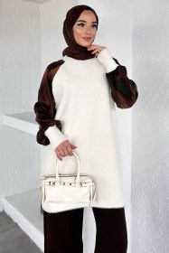 Resim Gülseli Kol Desenli İpek Kübra Kumaş Tesettür Triko Tunik Krem TZL-P-00020418 
