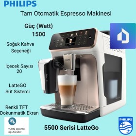 Resim Philips 5500 Serisi Lattego Tam Otomatik Espresso Makinesi 20 Sıcak ve Soğuk Içecek, Renkli Dokunmatik Ekran,quickstart, Silentbrew Teknolojisi (EP5543/80) 