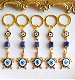 Resim Lüks Hediyelik 5'li Nazar Boncuklu Kaplumbağa Detaylı Lacivert Anahtarlık 