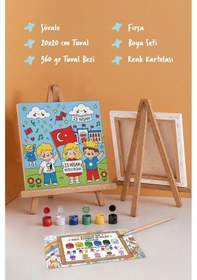 Resim 23 Nisan Temalı Çocuk Boyama Tuvali Şövaleli Boya Seti 20x20 
