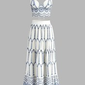 Resim Elegant Floral Print İki Parça Seti V-Neck Cami Üst ve Midi Etek - Mavi ve Beyaz, Polyester, Kurdele Detay, Tüm Mevsimler İçin Mükemmel, Zarif Kıyafet|Vneck Camisole|Süsleyici Kurdele Detayı 