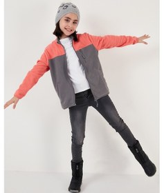 Resim Lela Yumuşak Dokulu Fermuarlı Renk Bloklu Dik Yaka Cepli Hırka Unisex Çocuk Polar 5905001 Somon-Gri 
