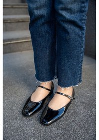 Resim Nando Parlak Küt Burunlu Toka Detaylı Kadın Babet Siyah Rugan 