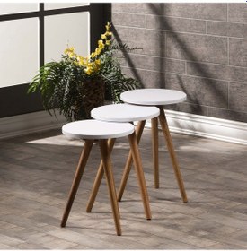 Resim Zigon Sehpa Ve Orta Sehpa Set Ahşap Torna Elips Beyaz 