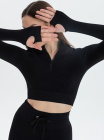 Resim Imagine Love 20048 Fermuarlı El Detaylı Ribli Uzun Kol Croptop - Siyah 