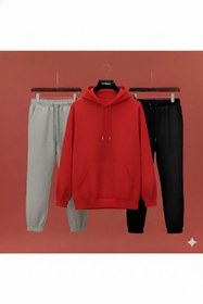 Resim Syndra Kırmızı Kapşonlu Sweatshirt - Gri Eşofman ve Siyah eşofman (3lü Takım) 