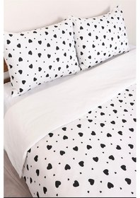 Resim More Home Çift Kişilik Yorgan Kılıfı + Yastık Kılıfı Kalpli Beyaz Siyah 