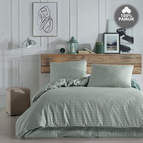 Resim Mini Kare Yeşil %100 Pamuk Ranforce Battal Boy Nevresim Takımı 