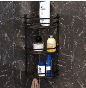 Resim Teknotel Üç Katlı Kancalı Banyo Köşe Rafı Mat Siyah Es076H 