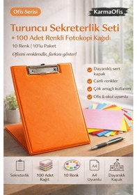 Resim Turuncu Sekreterlik Seti + 100 Adet Renkli A4 Fotokopi Kağıdı Dayanıklı Kapak, Çok Amaçlı Kullanım 