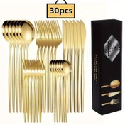 Resim Şık 30 adet Altın Paslanmaz Çelik Mutfak Takımı - Bıçak, Çatal, Kaşık ve Tatlı Kaşığı İçerir - Bulaşık Makinesinde Yıkanabilir, Ev, Mutfak, Restoran, Otel, Parti, Şükran Günü, Paskalya, Noel, Düğün için İdeal, Yüksek Kaliteli Mutfak Takımı 