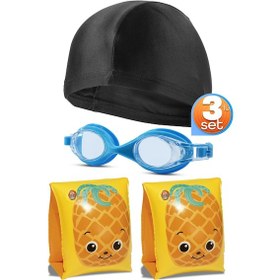 Resim 3lü Set Kolluk Bone Çocuk Yüzücü Gözlüğü Su Geçirmez Yüzme Gözlüğü Havuz Deniz Gözlük Mavi 1015 