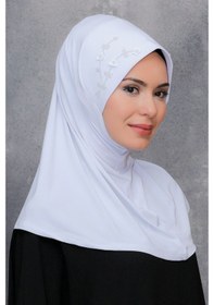 Resim Hürrem Bone Beyaz Pratik Hazır Geçmeli Tesettür Eşarp Sandy Kumaş Elişi Çiçek (545491293) Beyaz 