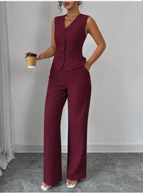 Resim Efnaz Style Kadın Askılı Önden Düğmeli Bluz Ve Pantolon Keten Ikili Takım Bordo 