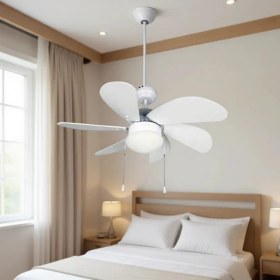 Resim Kaşkar Beyaz 6 Kanatlı Aydınlatmalı Tavan Vantilatörü 55W Ahşap Kanat ile Modern Kullanım L36009 