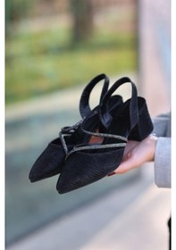 Resim Mehtap Çift Şerit Taşlı Kadın Abiye Topuklu Ayakkabı Siyah-çupra 