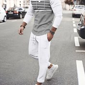 Resim Minimalist Erkek Spor Takım Elbise Kapüşonlu Çizgili Üst + Aynı Renk Pantolon, Günlük Kullanım İçin Tercih Edilen 