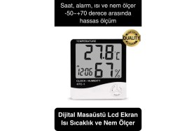 Resim Premium Dijital Masaüstü LCD Ekran Isı Sıcaklık ve Nem Ölçer Termometre Saat Alarm Pilli Beyaz 